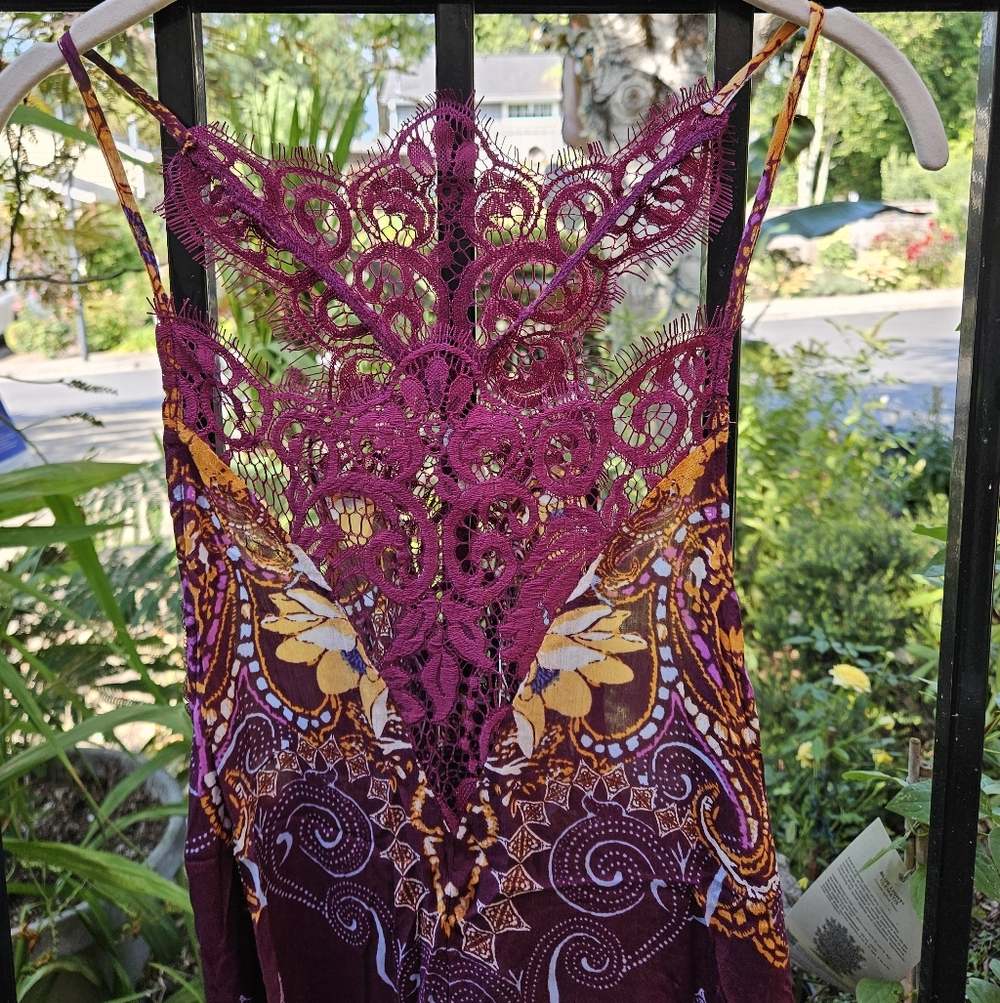 Free People Who's Sorry Now Printed Mini Slip Dress Sleeveless Lace Wine Sm NWT - Picture 8 of 15